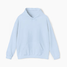 Front view of a plain light blue hoodie on a plain background.