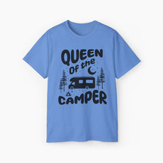 Blue t-shirt with 'Camping Queen' text, illustrated with a camping van, stars, trees, campfire, and moon, on a plain background.
