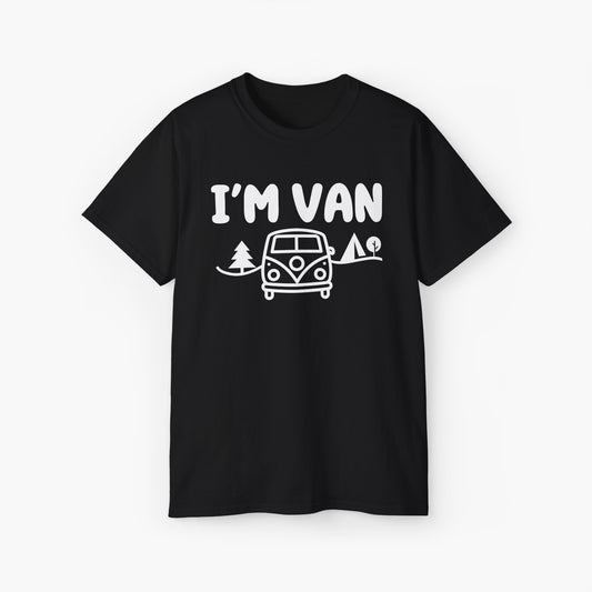 Black t-shirt with the text 'I'm Van' featuring a graphic of a van surrounded by trees on a plain background.