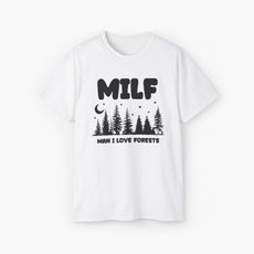 White t-shirt with the text 'MILF, Man I Love Forests,' featuring trees, stars, and a moon on a plain background.
