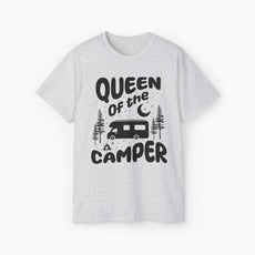 Light gret t-shirt with 'Camping Queen' text, illustrated with a camping van, stars, trees, campfire, and moon, on a plain background.