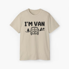 Sand color t-shirt with the text 'I'm Van' featuring a graphic of a van surrounded by trees on a plain background.