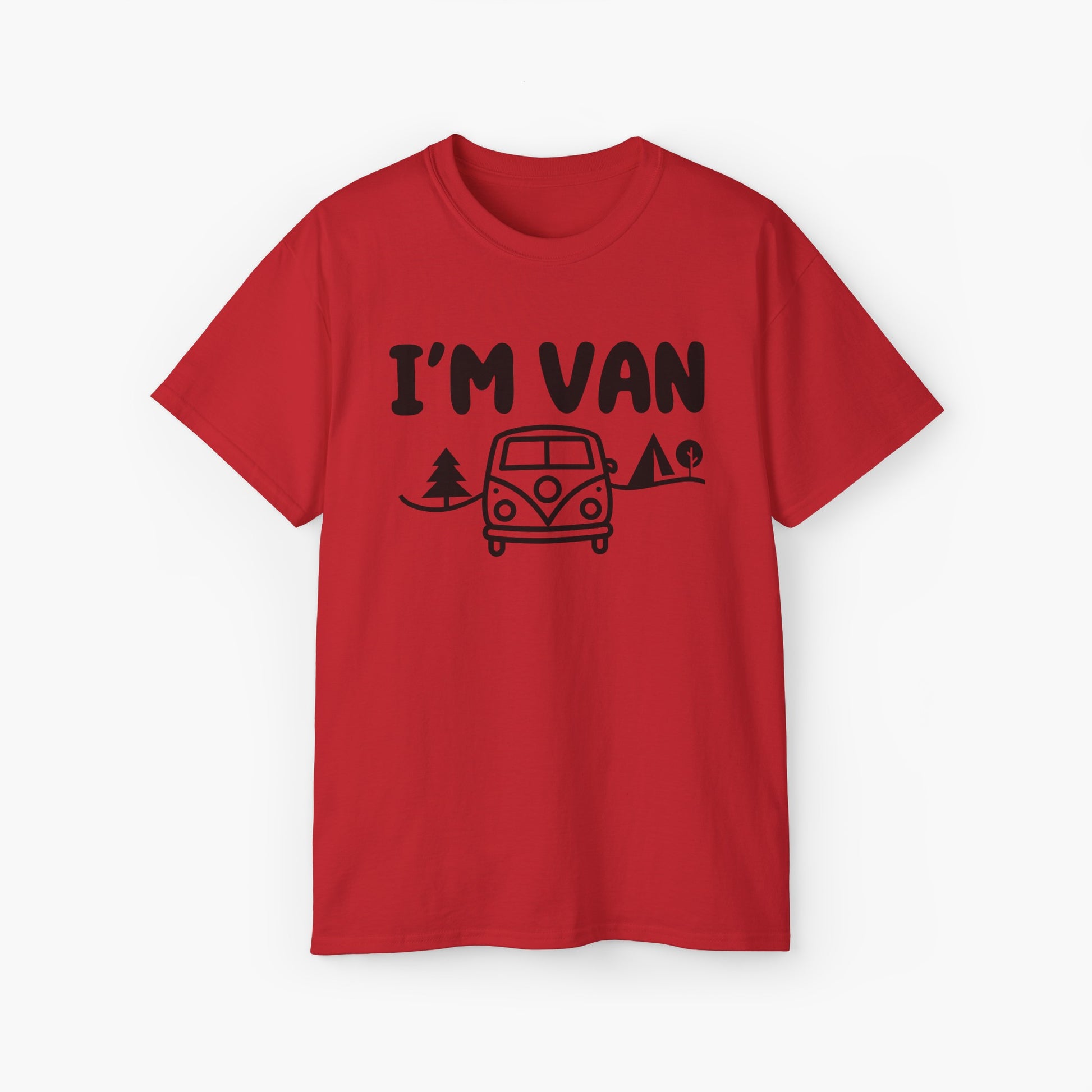 Red t-shirt with the text 'I'm Van' featuring a graphic of a van surrounded by trees on a plain background.