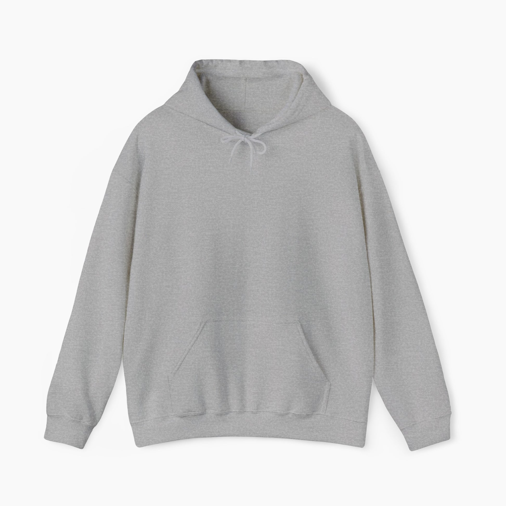Front view of a plain light grey hoodie on a plain background.
