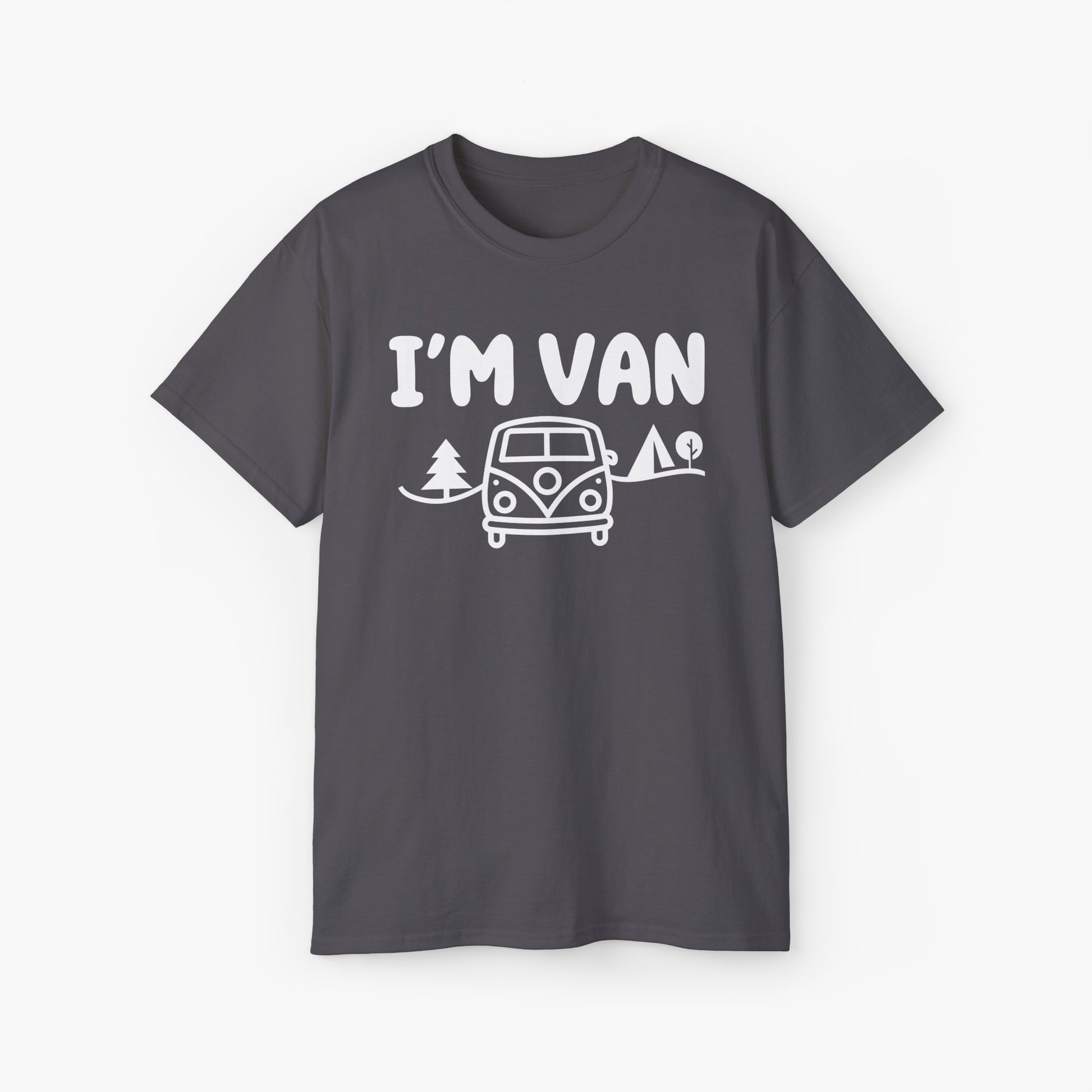 DArk grey t-shirt with the text 'I'm Van' featuring a graphic of a van surrounded by trees on a plain background.