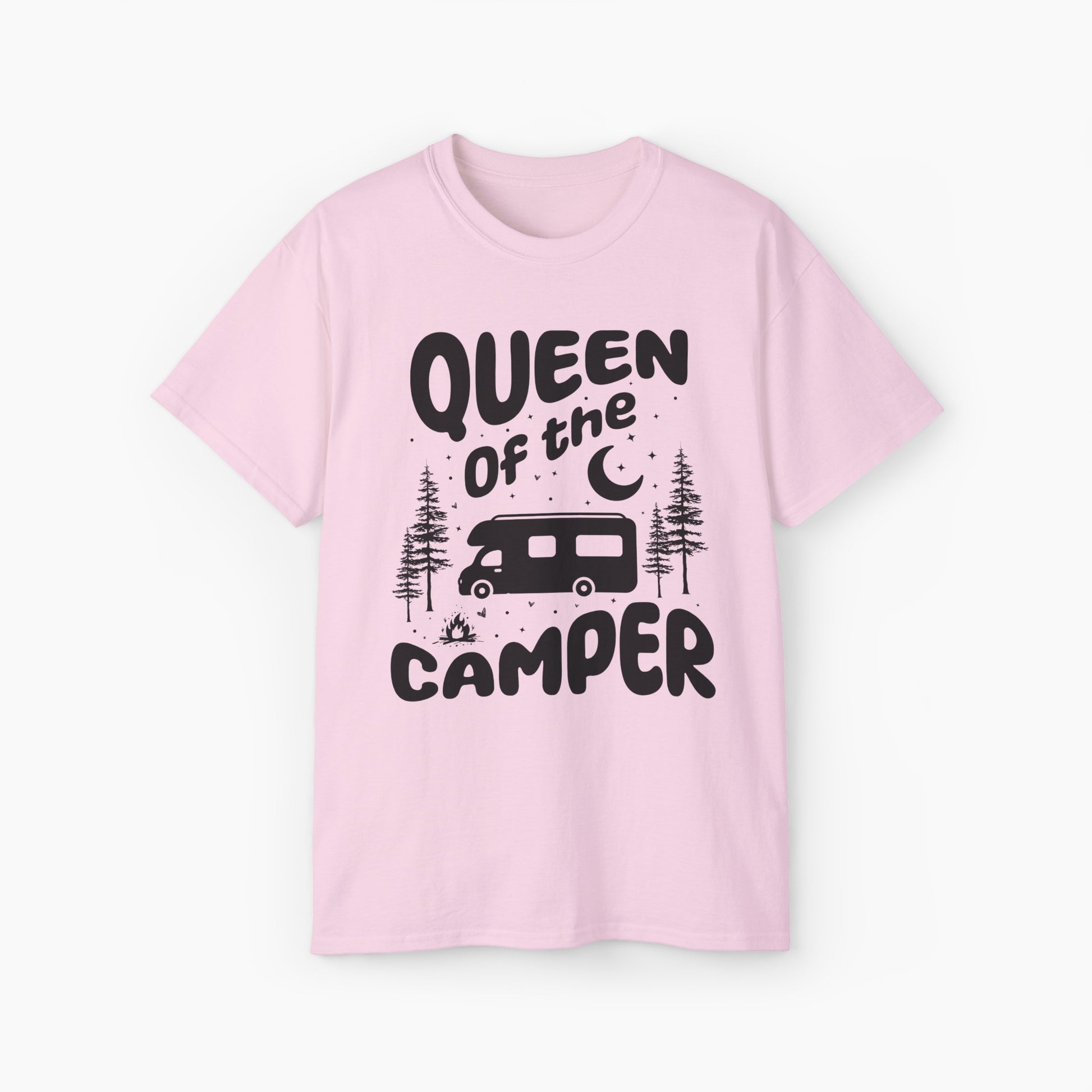 Pink t-shirt with 'Camping Queen' text, illustrated with a camping van, stars, trees, campfire, and moon, on a plain background.