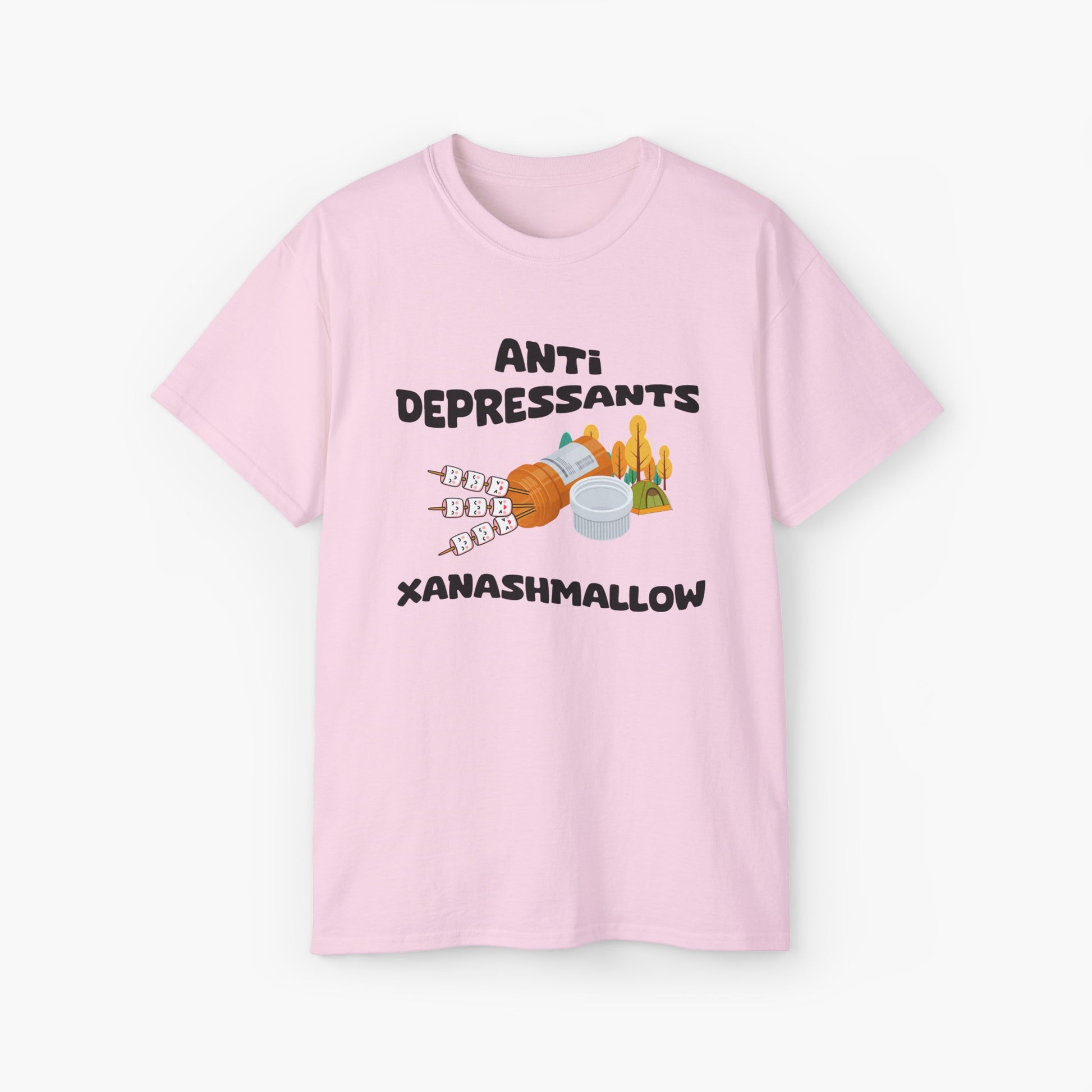 Light pink t-shirt with 'Anti Depressants, Xanashmallow' text, depicting an open remedies box filled with marshmallows, alongside a tent and trees.