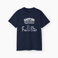 Dark blue t-shirt with 'Camping Queen' text, illustrated with a high heel, a foot, and a boot, on a plain background.