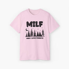 Light pink t-shirt with the text 'MILF, Man I Love Forests,' featuring trees, stars, and a moon on a plain background.