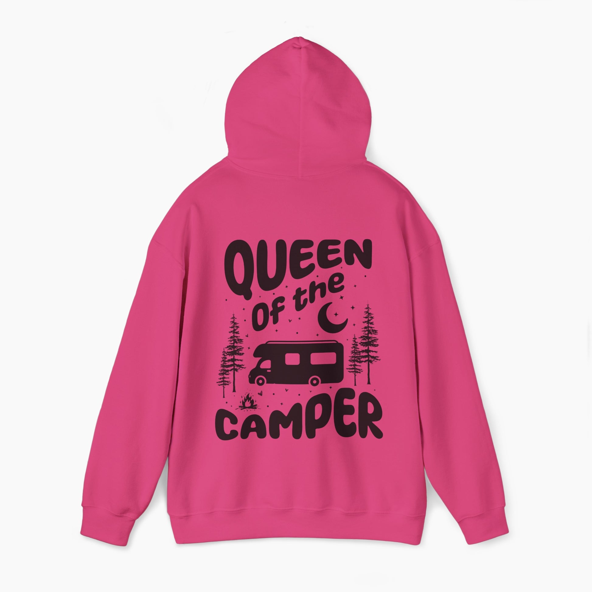 Back of a pink hoodie with the text 'Queen of the Camper' surrounded by elements including a camping van, stars, trees, and a campfire, on a plain background.