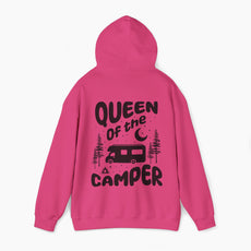 Back of a pink hoodie with the text 'Queen of the Camper' surrounded by elements including a camping van, stars, trees, and a campfire, on a plain background.