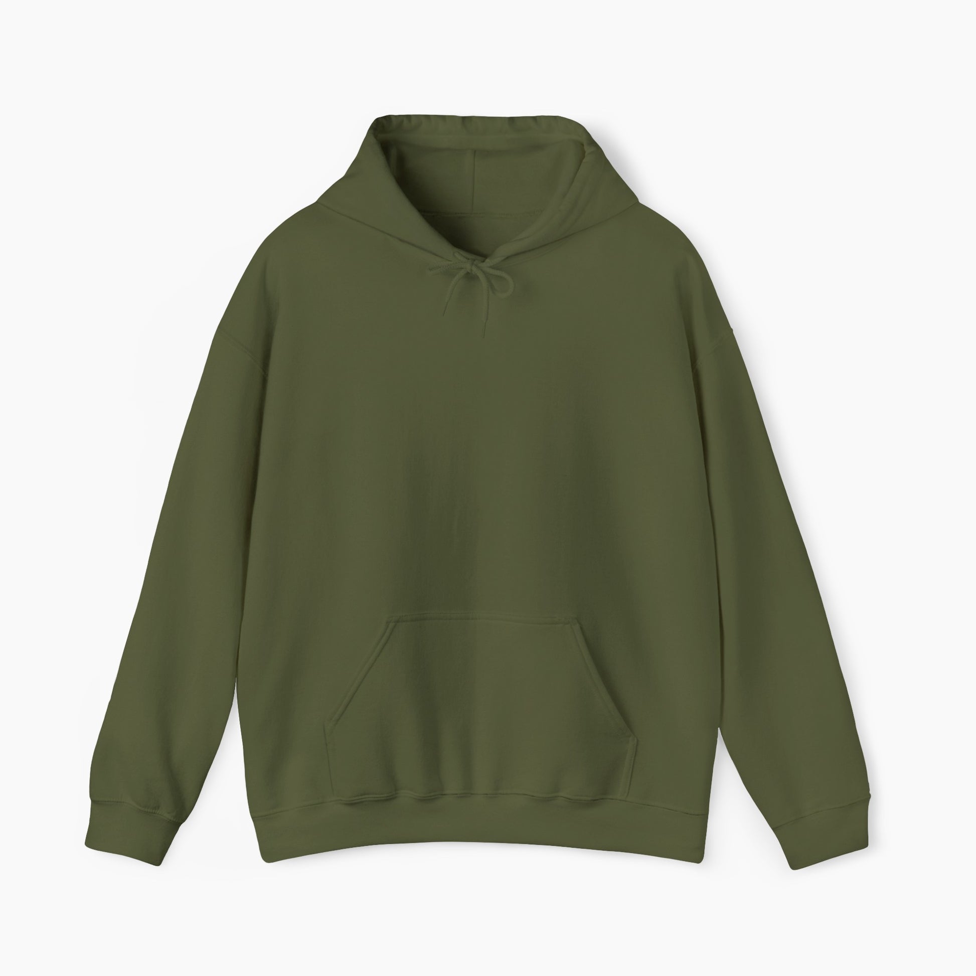 Front view of a plain military green hoodie on a plain background.
