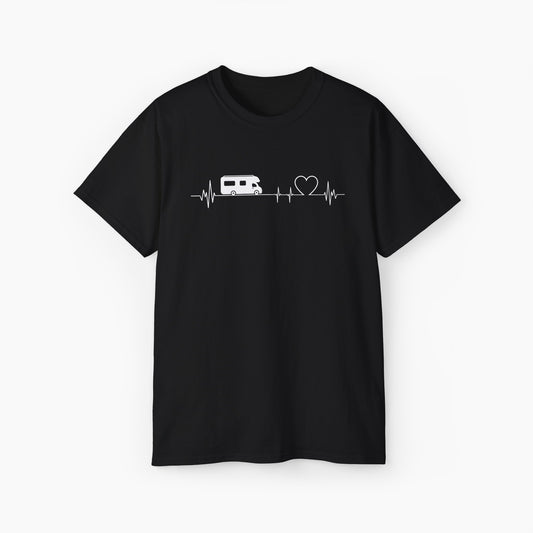 Black t-shirt with a heartbeat line design incorporating a camping van and a heart symbol on a plain background.