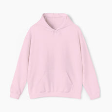 Front view of a plain light pink hoodie on a plain background.