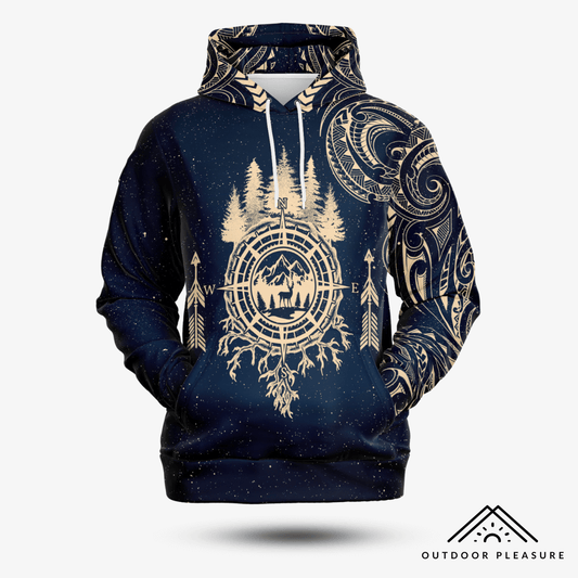 Front view of a navy blue camping hoodie featuring a compass design and tribal sleeve detailing.