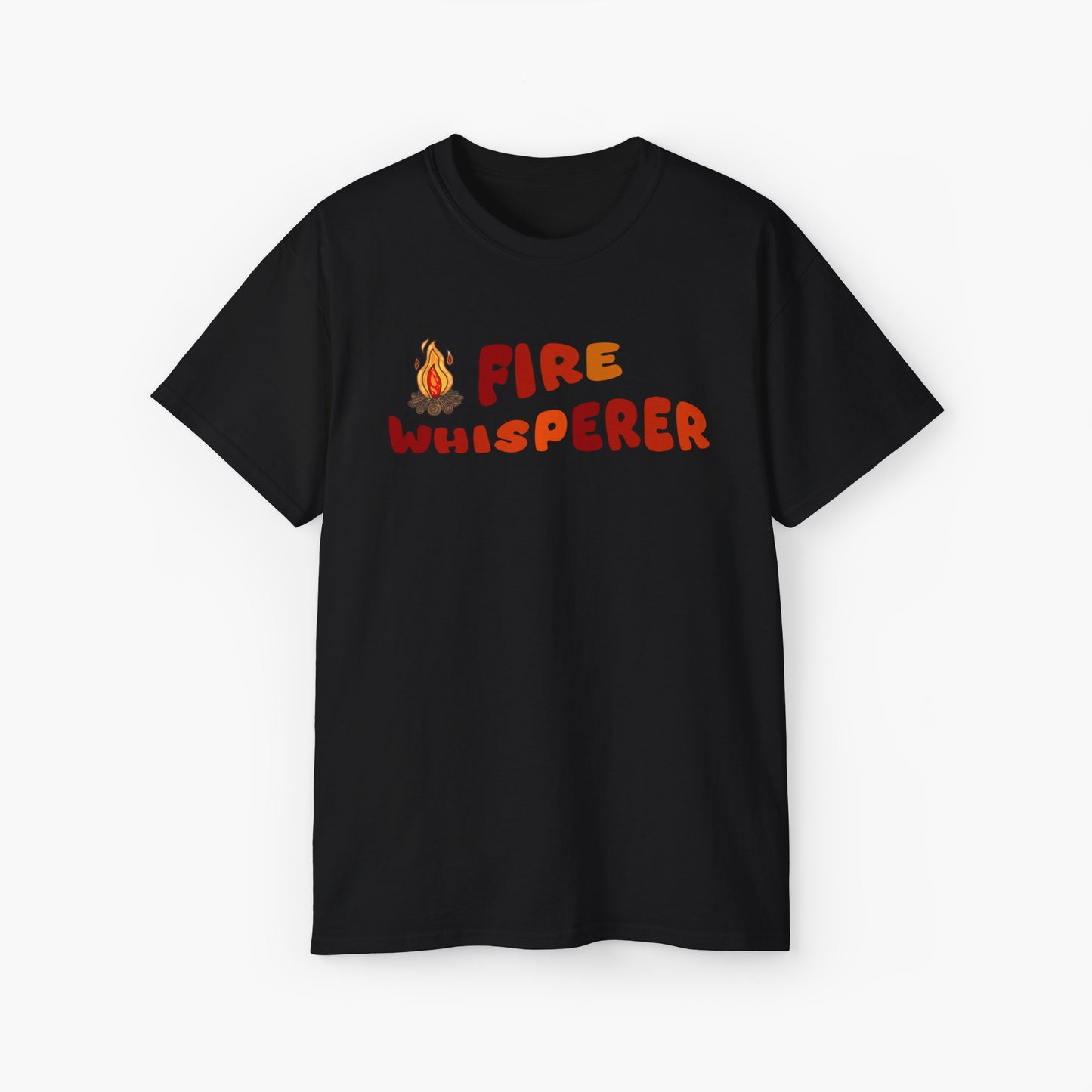 Black t-shirt with colorful 'Fire Whisperer' text, featuring a vibrant campfire graphic on a plain background.