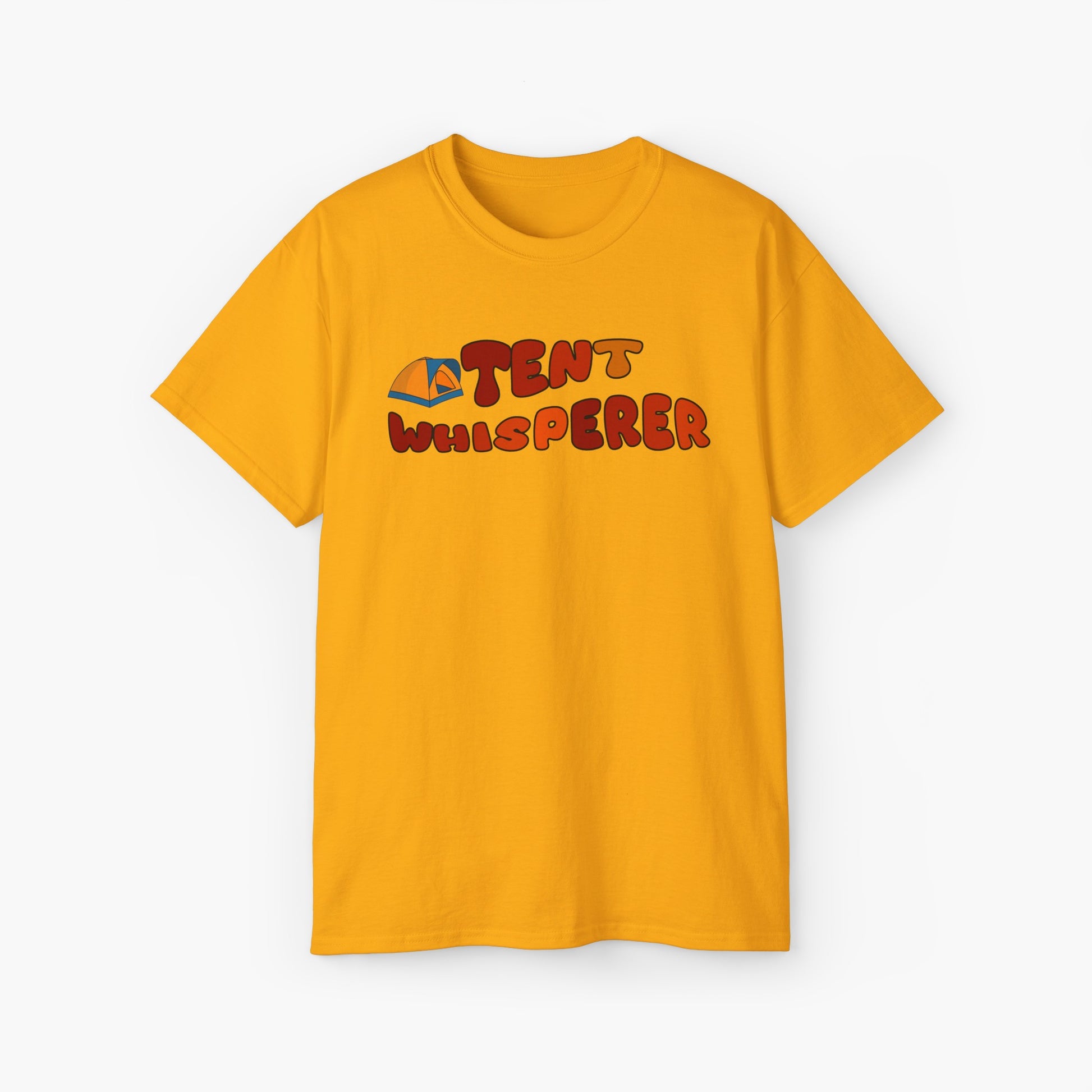 Yellow t-shirt with red text 'Tent Whisperer' and a graphic of a tent on a plain background.