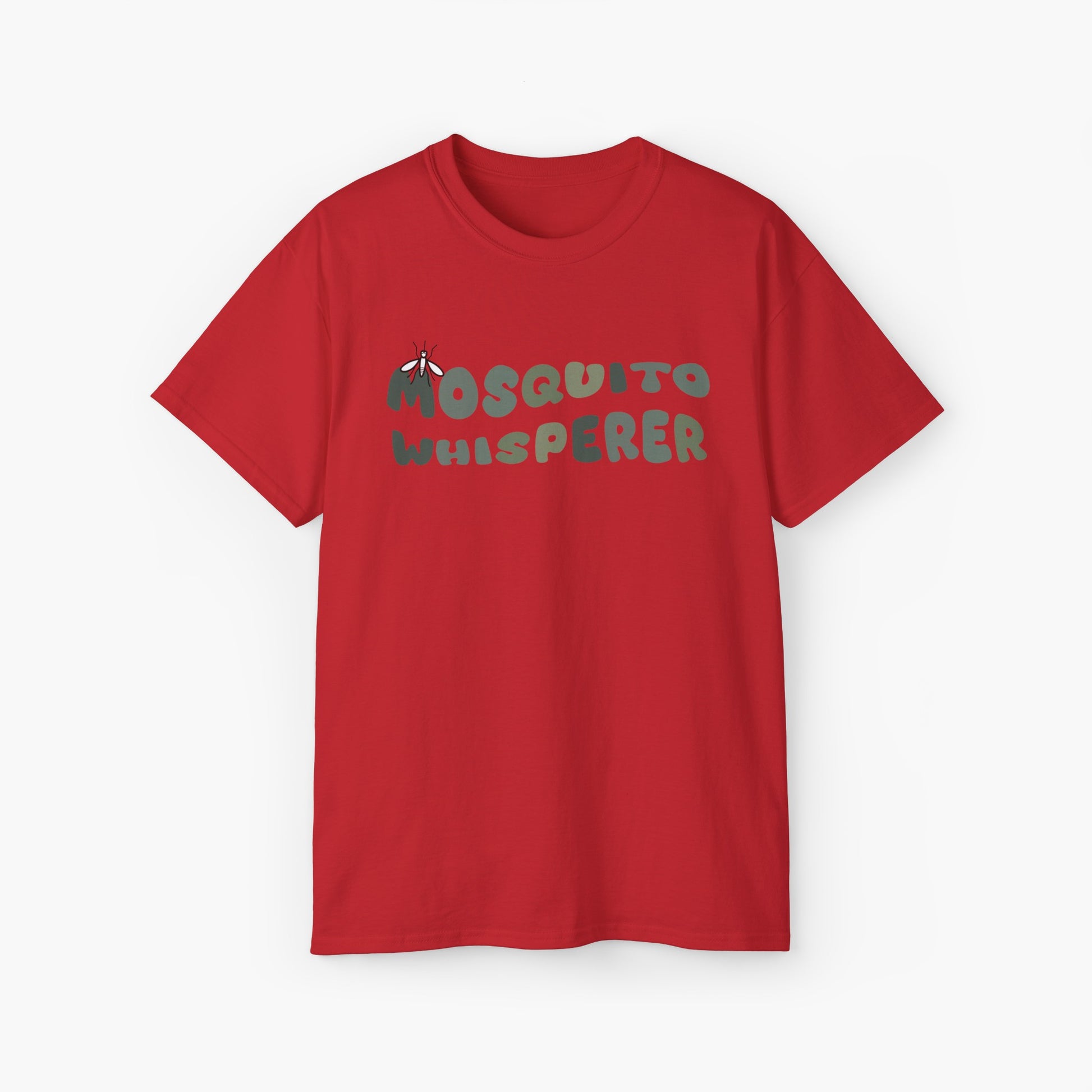 Red t-shirt with colorful green text 'Mosquito Whisperer' and a mosquito graphic on a plain background.