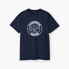 Dark blue t-shirt featuring a minimalistic circular design with the text 'I'd rather be camping,' including a tent, campfire, trees, and mountains.