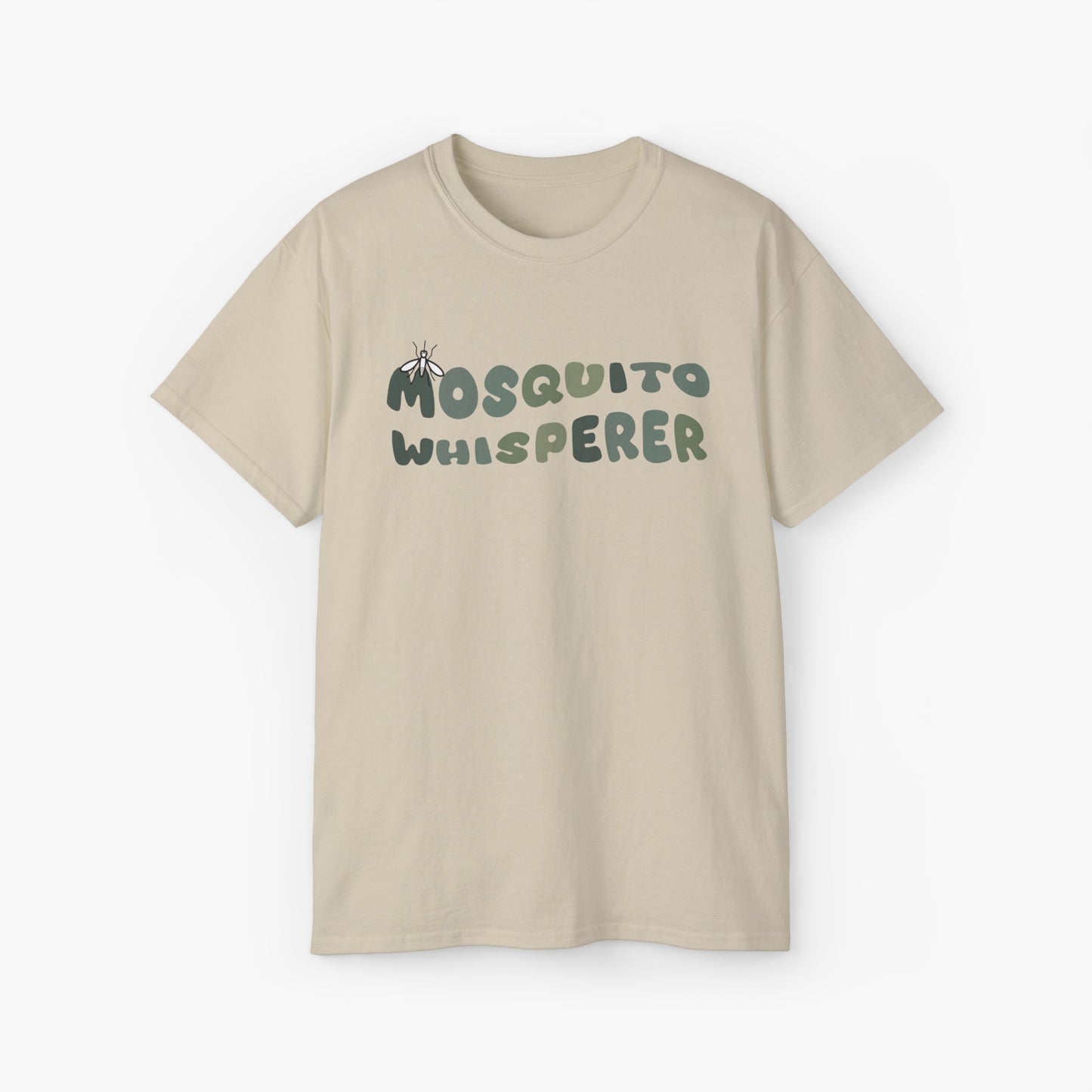 Sand color t-shirt with colorful green text 'Mosquito Whisperer' and a mosquito graphic on a plain background.