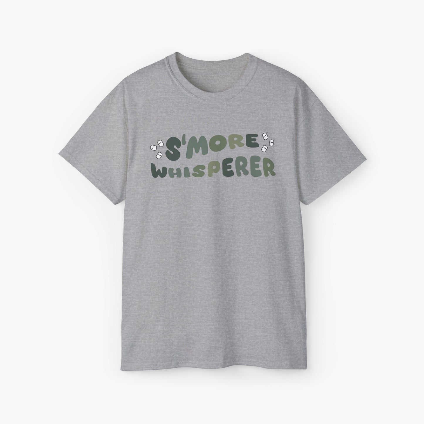 Grey t-shirt with green text 'S'more Whisperer' and marshmallow graphics on a plain background.