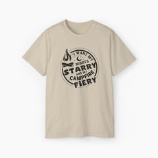 Sand color t-shirt with the text 'I want my nights starry and my campfire fiery' in a circular design, featuring a campfire, stars, and moon on a plain background.