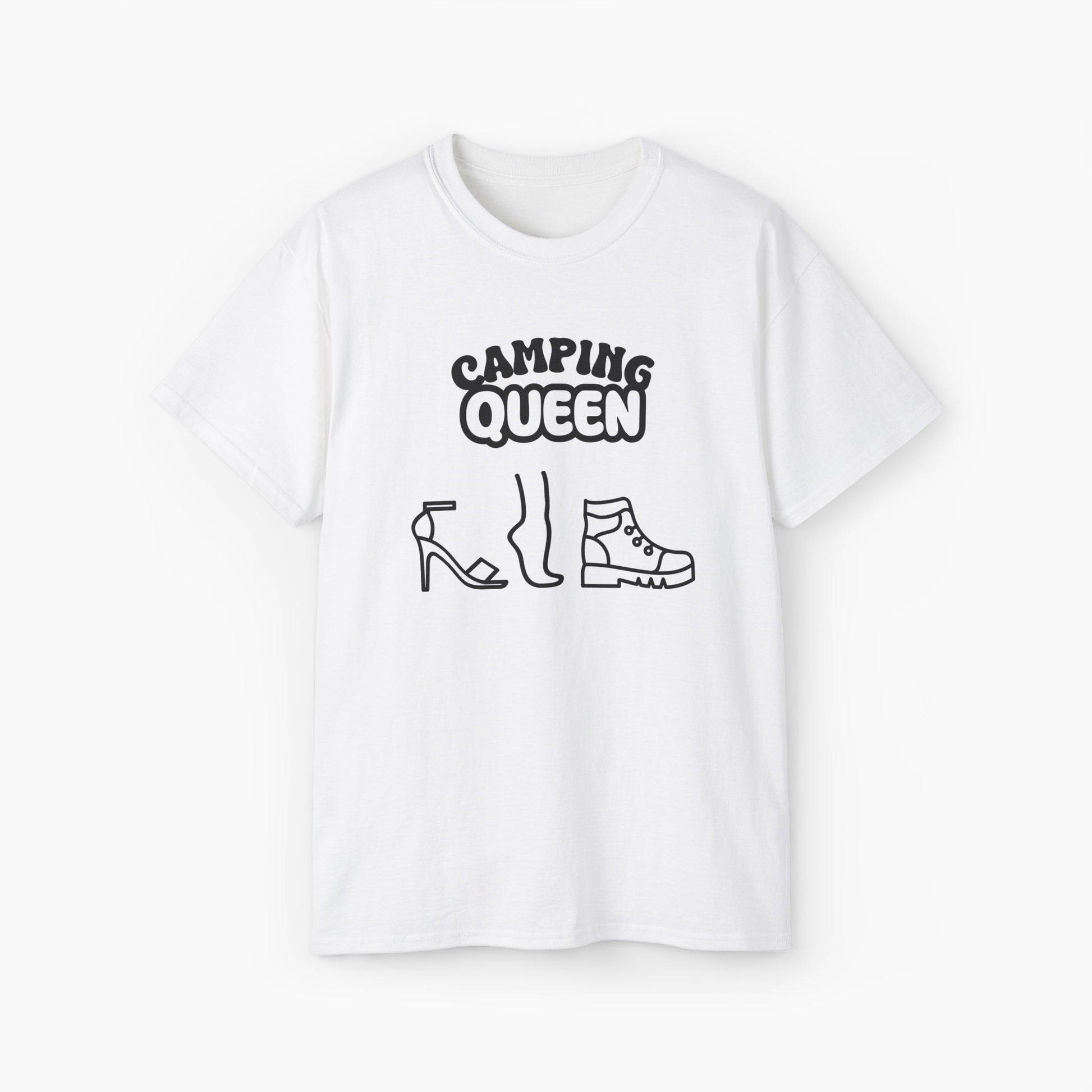 White t-shirt with 'Camping Queen' text, illustrated with a high heel, a foot, and a boot, on a plain background.