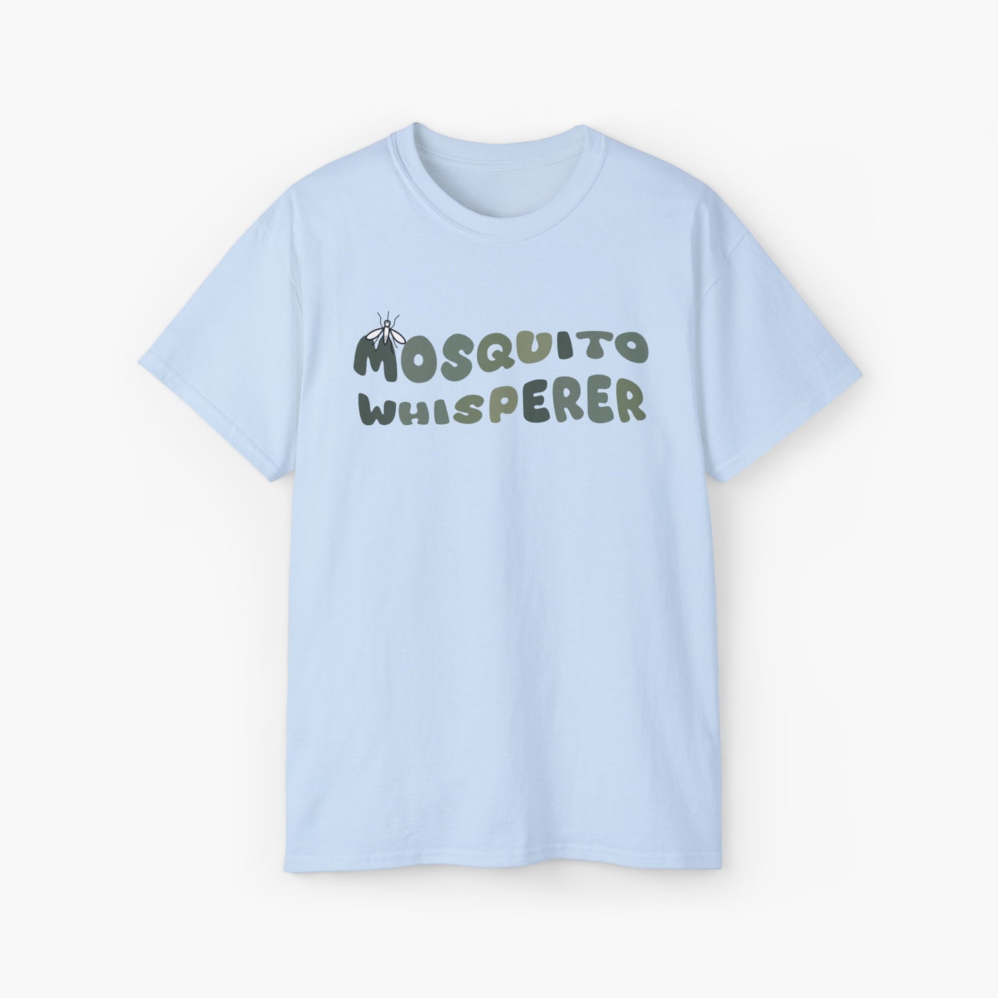 Light blue t-shirt with colorful green text 'Mosquito Whisperer' and a mosquito graphic on a plain background.