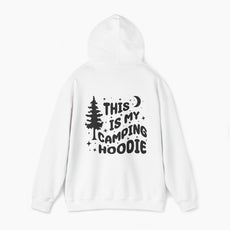 Back of white hoodie featuring the text 'This is my camping hoodie,' with a design of a camping van, moon, stars, and a tree on a plain background.