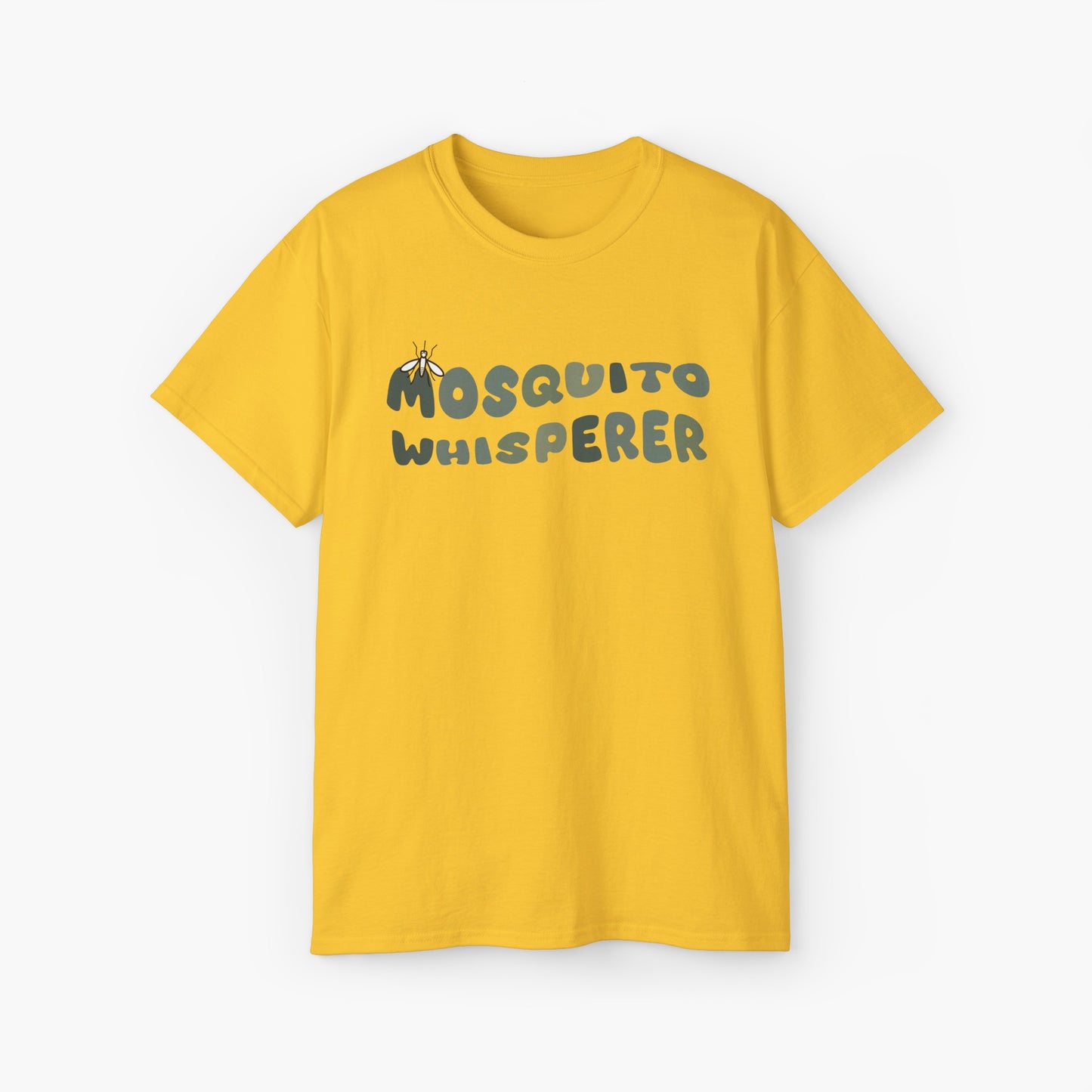 Yellow t-shirt with colorful green text 'Mosquito Whisperer' and a mosquito graphic on a plain background.