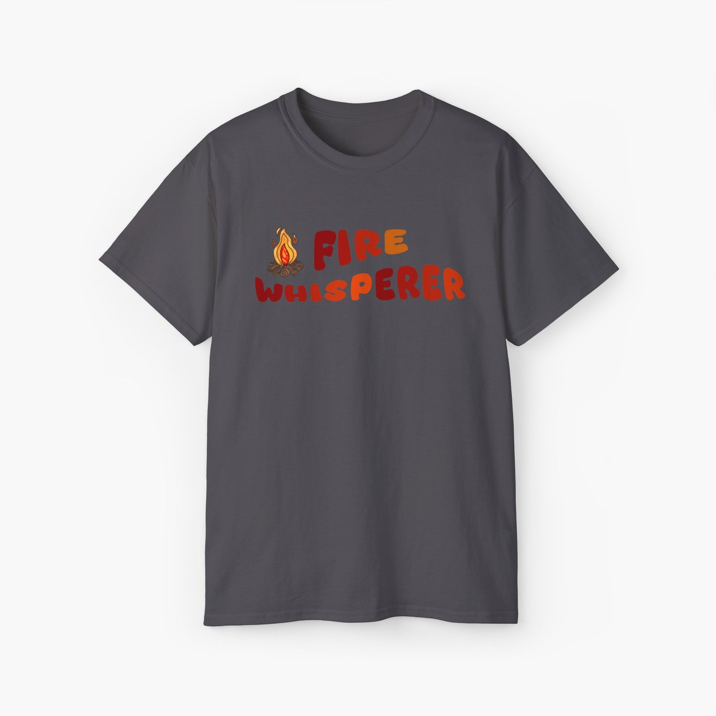 Dark grey color t-shirt with colorful 'Fire Whisperer' text, featuring a vibrant campfire graphic on a plain background.