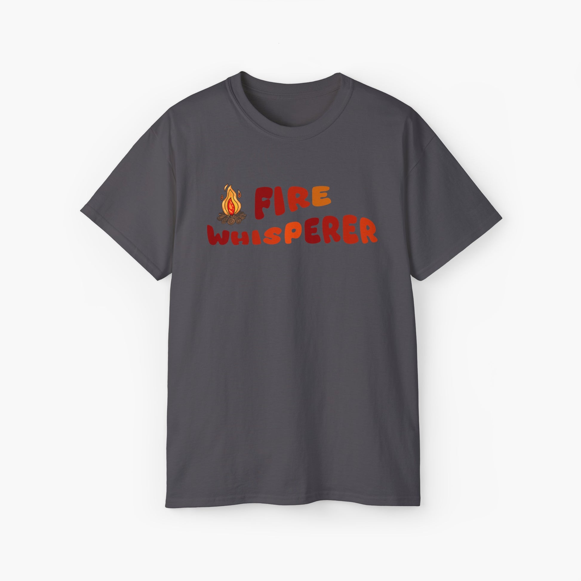 Dark grey color t-shirt with colorful 'Fire Whisperer' text, featuring a vibrant campfire graphic on a plain background.