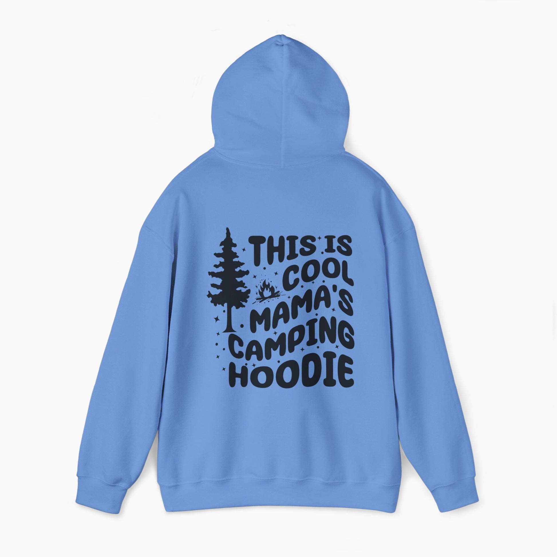 Blue hoodie with the text 'This is cool mama's camping hoodie' on the back, featuring a tree and stars design on a plain background.