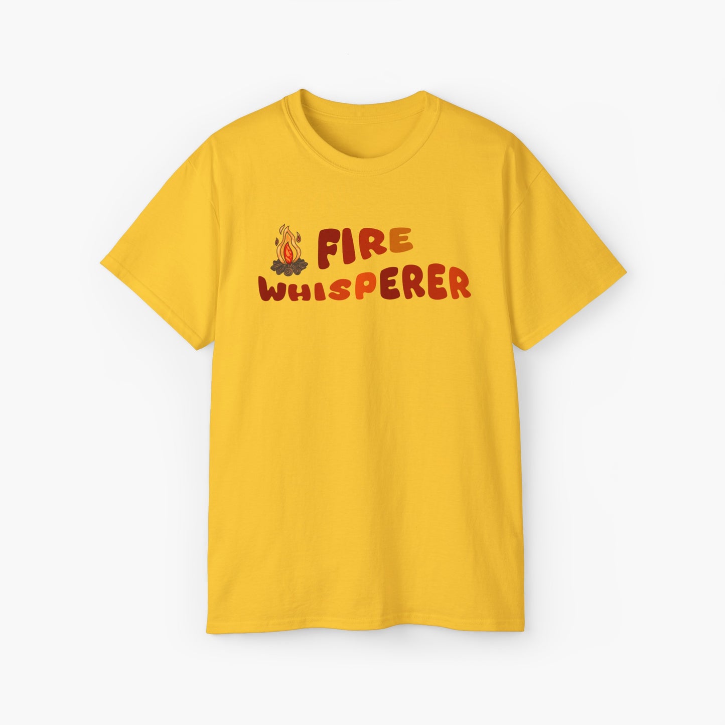 Yellow t-shirt with colorful 'Fire Whisperer' text, featuring a vibrant campfire graphic on a plain background.