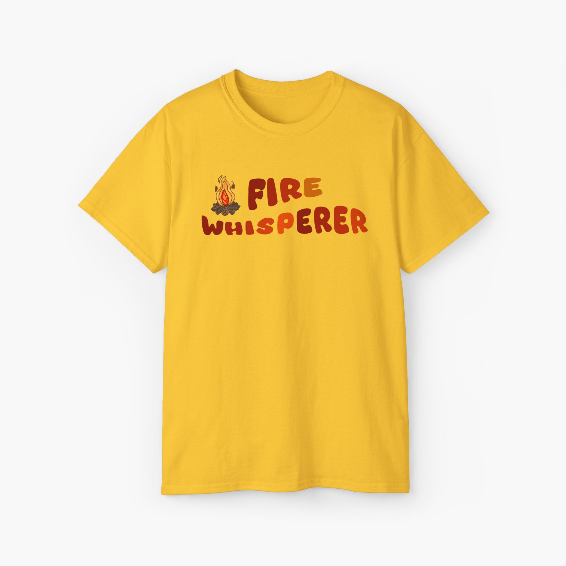 Yellow t-shirt with colorful 'Fire Whisperer' text, featuring a vibrant campfire graphic on a plain background.