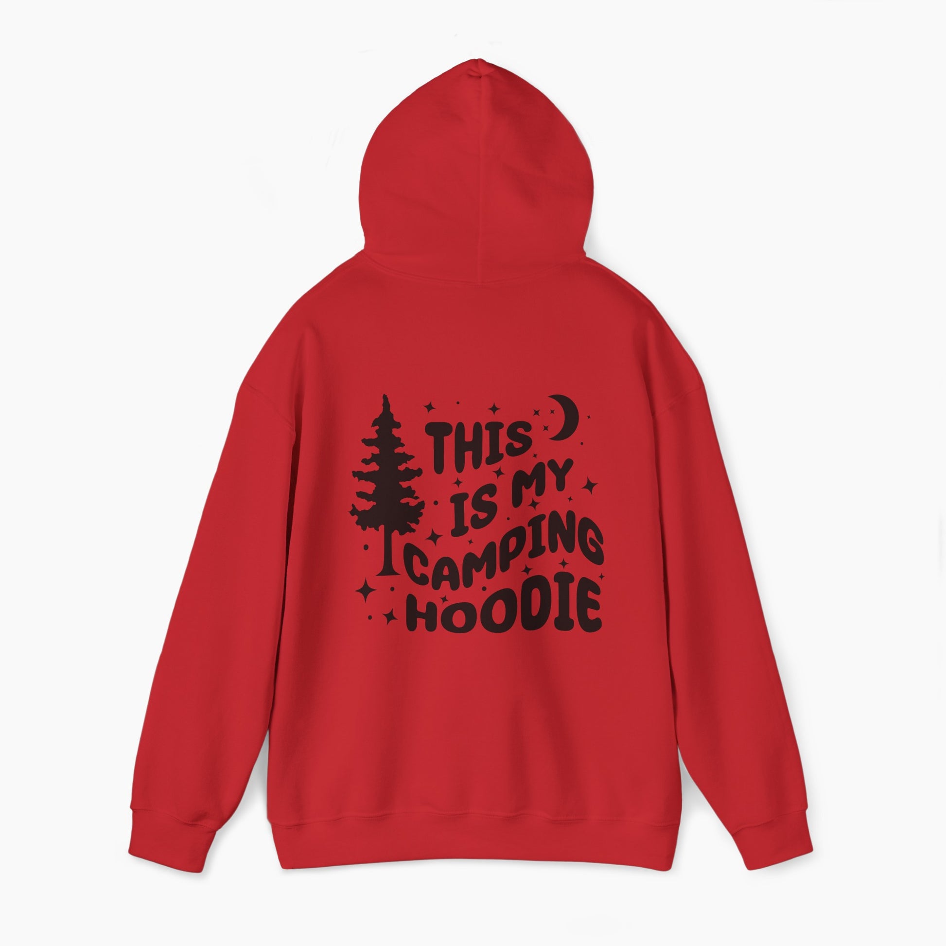 Back of red hoodie featuring the text 'This is my camping hoodie,' with a design of a camping van, moon, stars, and a tree on a plain background.