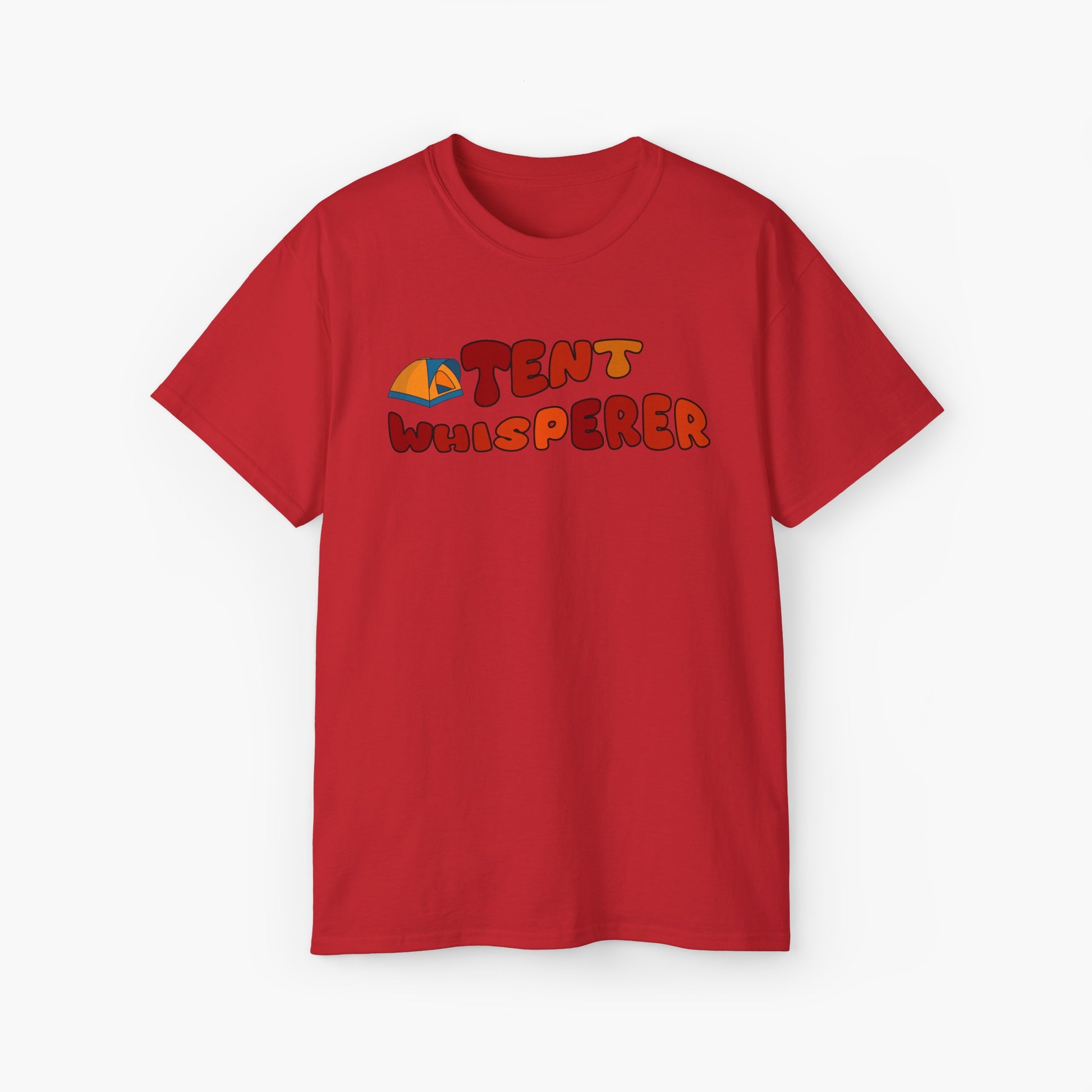 Red t-shirt with red text 'Tent Whisperer' and a graphic of a tent on a plain background.