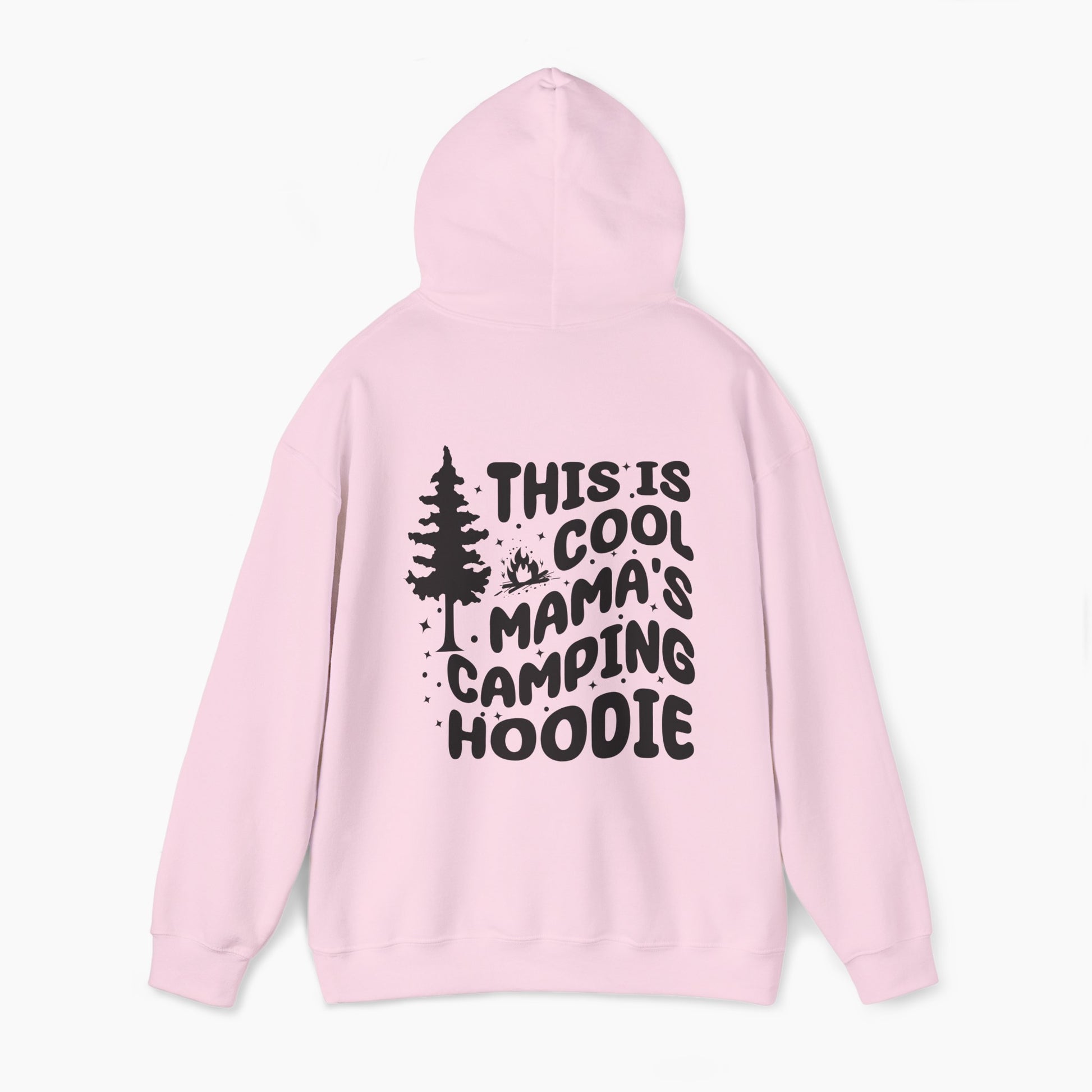 Light pink hoodie with the text 'This is cool mama's camping hoodie' on the back, featuring a tree and stars design on a plain background.