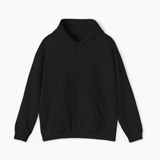 Front view of a plain black hoodie on a plain background.