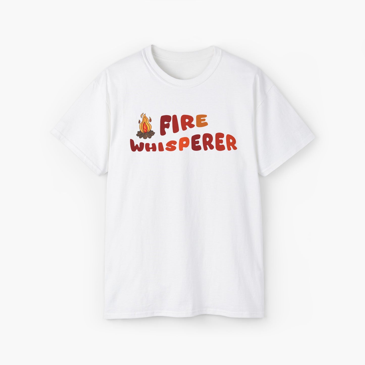 White t-shirt with colorful 'Fire Whisperer' text, featuring a vibrant campfire graphic on a plain background.