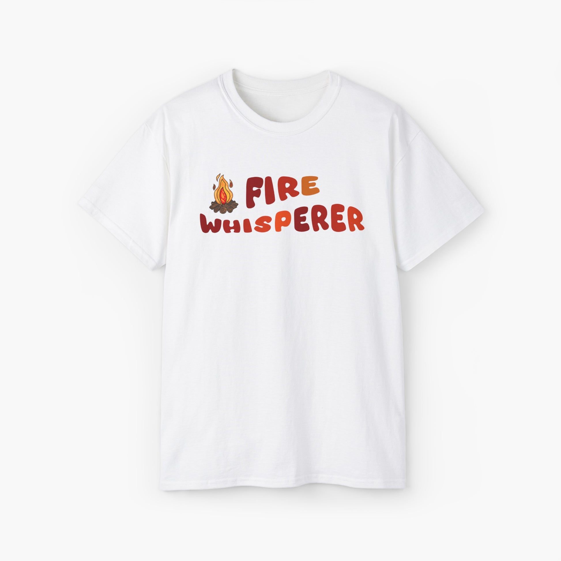 White t-shirt with colorful 'Fire Whisperer' text, featuring a vibrant campfire graphic on a plain background.