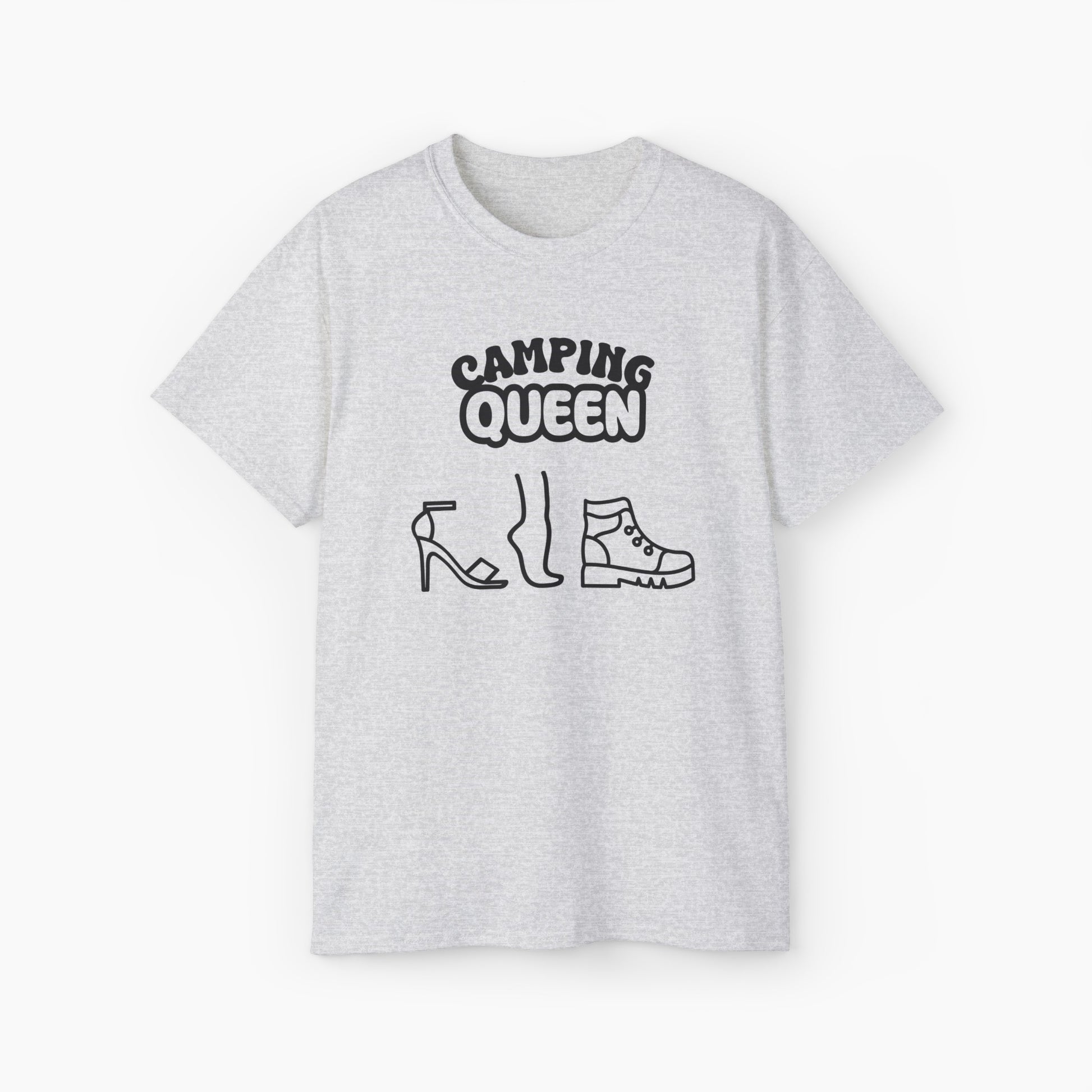 Light grey t-shirt with 'Camping Queen' text, illustrated with a high heel, a foot, and a boot, on a plain background.