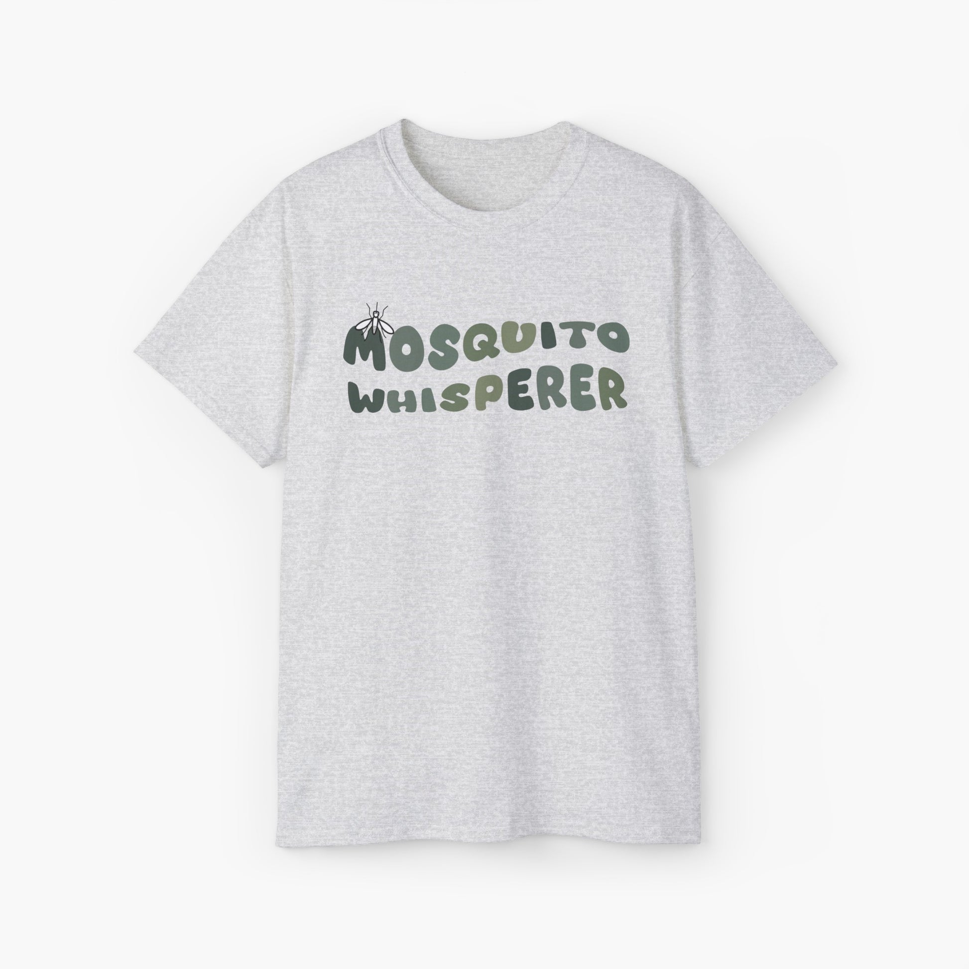 Light grey t-shirt with colorful green text 'Mosquito Whisperer' and a mosquito graphic on a plain background.