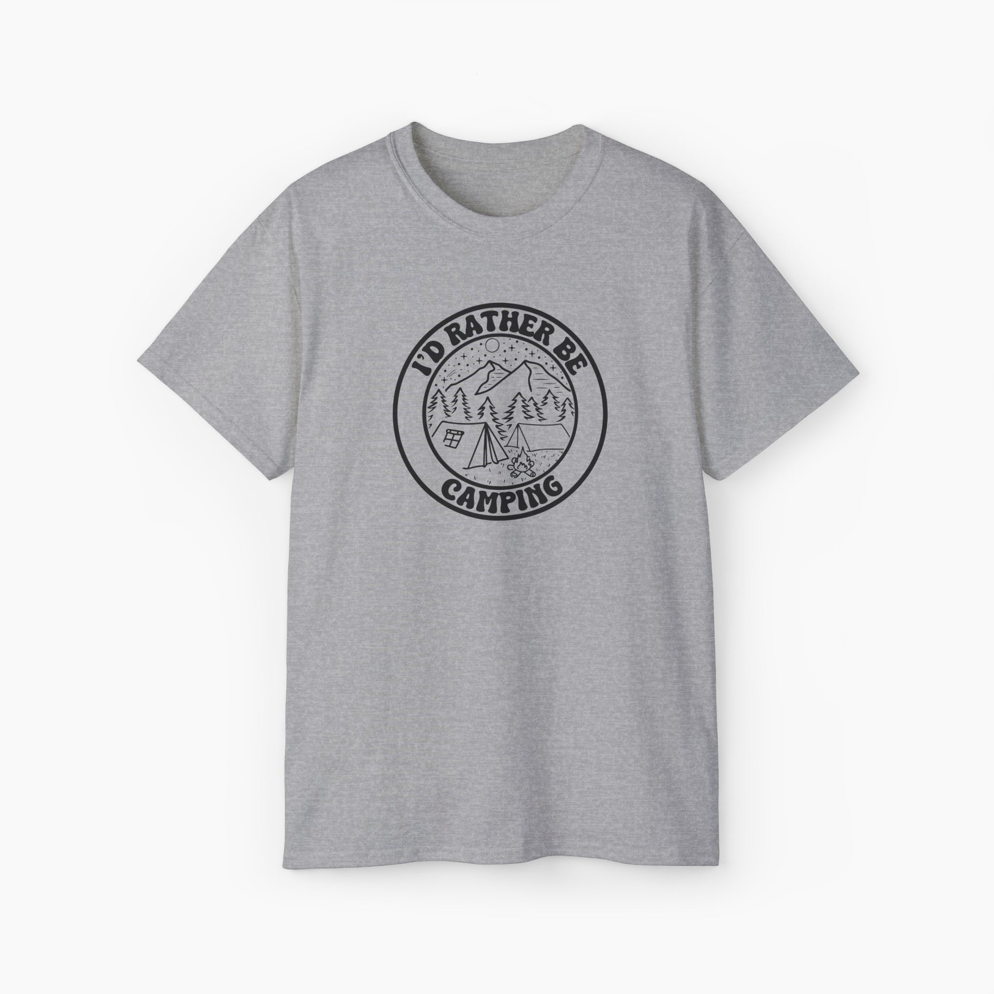 Grey t-shirt featuring a minimalistic circular design with the text 'I'd rather be camping,' including a tent, campfire, trees, and mountains.