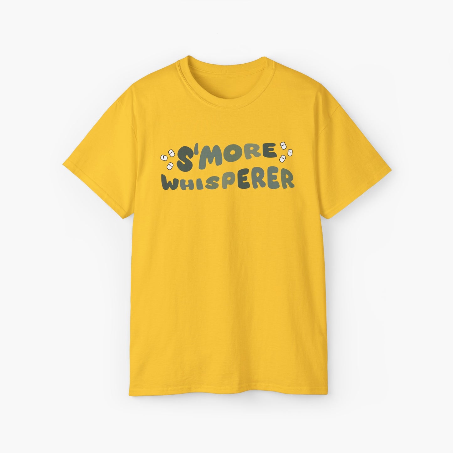 Yellow t-shirt with green text 'S'more Whisperer' and marshmallow graphics on a plain background.