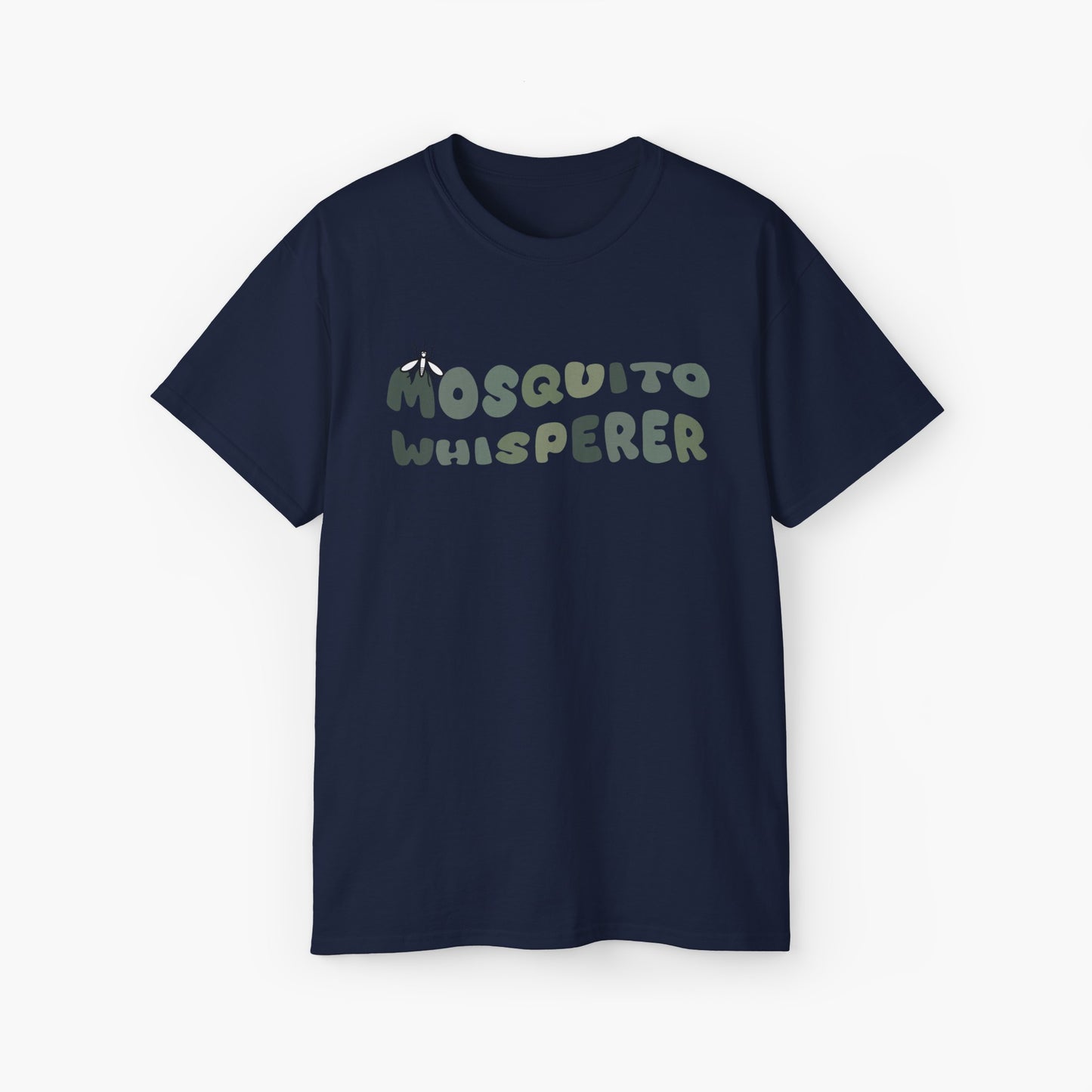 Dark blue t-shirt with colorful green text 'Mosquito Whisperer' and a mosquito graphic on a plain background.