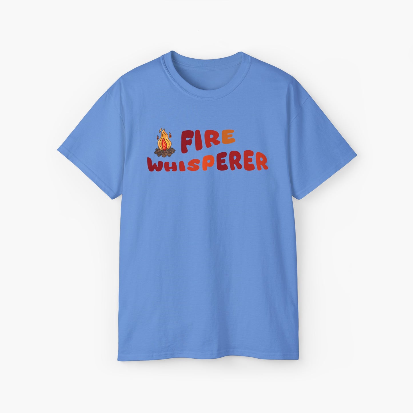 Blue color t-shirt with colorful 'Fire Whisperer' text, featuring a vibrant campfire graphic on a plain background.