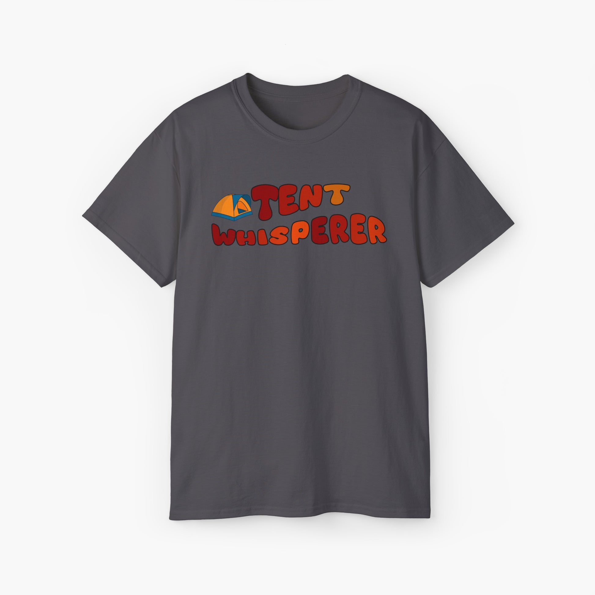 Dark grey t-shirt with red text 'Tent Whisperer' and a graphic of a tent on a plain background.