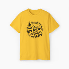 Yellow t-shirt with the text 'I want my nights starry and my campfire fiery' in a circular design, featuring a campfire, stars, and moon on a plain background.