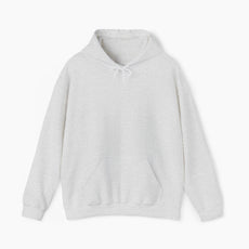Front view of a plain light grey hoodie on a plain background.